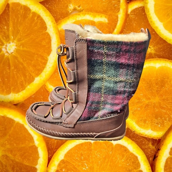 L.L.Bean Shearling Lined Moc Toe Plaid Wool Boots‎ Lace Up Women's 7M - Picture 1 of 9